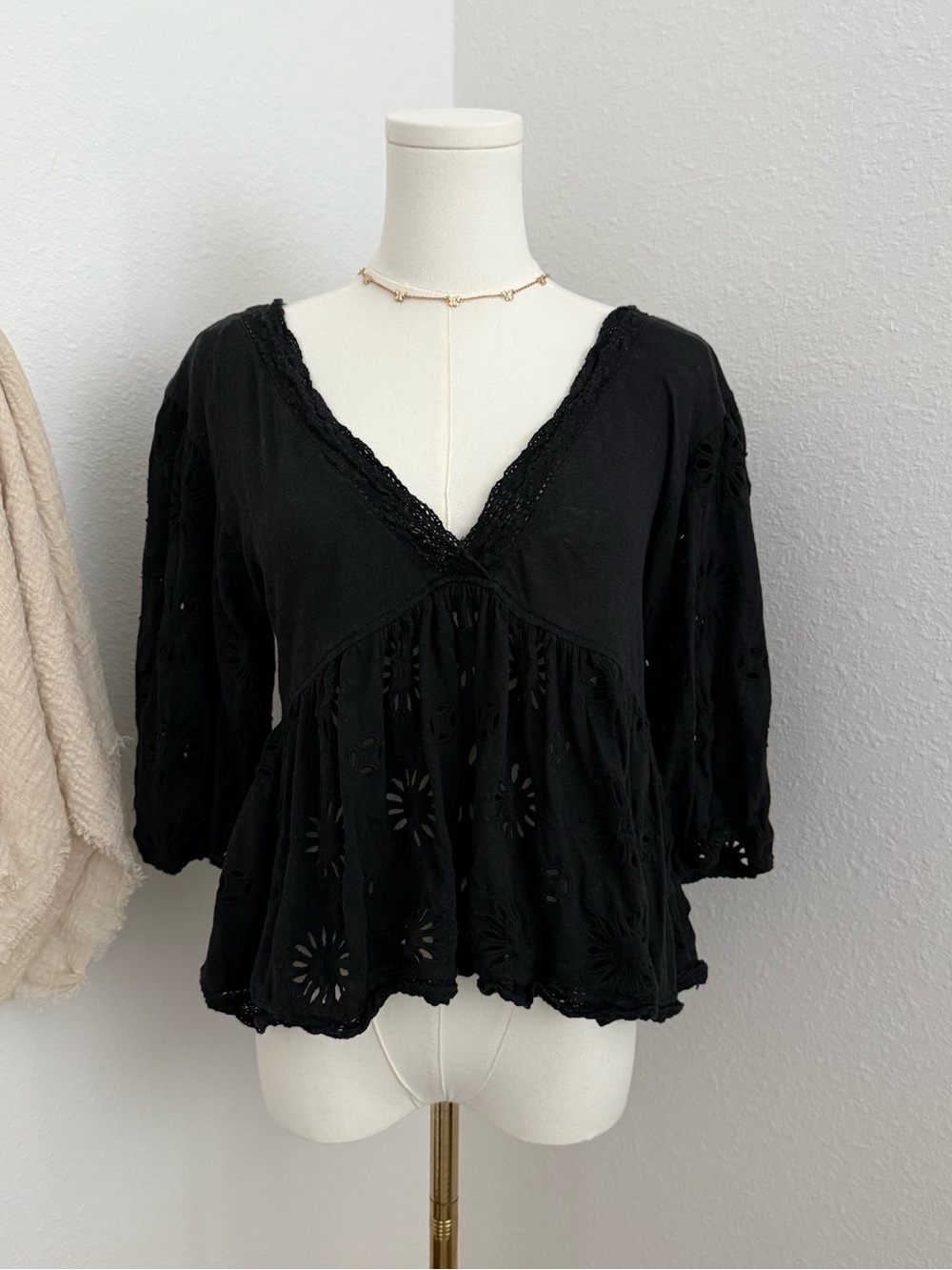 Free People We The Free Black Eyelet Babydoll Top
